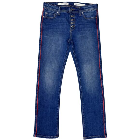 Pilcro Womens Jeans Relaxed Straight Mid Rise Button Fly Stripe Size 26 Blue Y2K - Picture 1 of 8